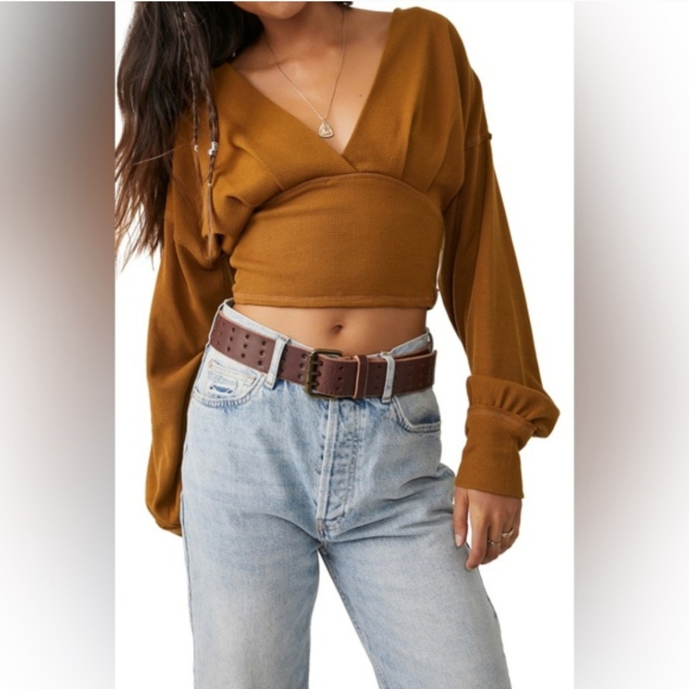 We The Free People All Nighter Waffle Knit Cropped Long Sleeve Brown Sz Medium